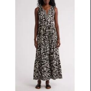 NWT Max Studio Black And Cream Floral Print Sleeveless V-Neck Maxi Dress Size S
